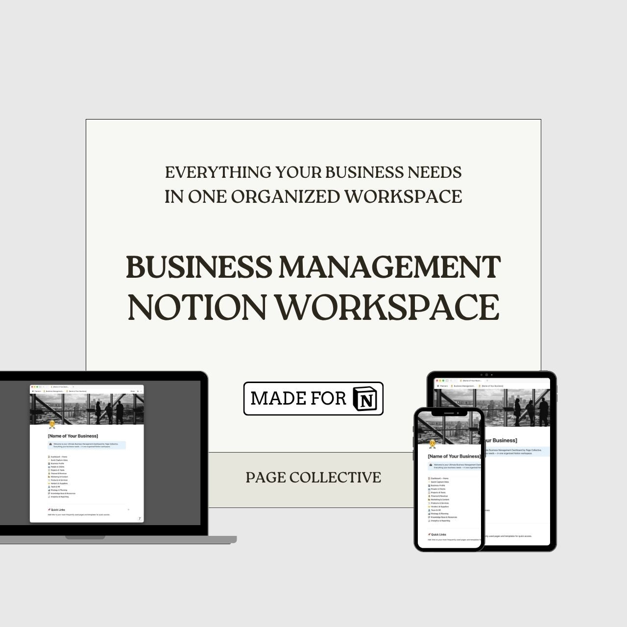 Advertisement for Business Management Notion Workspace with text and digital devices on a light gray background
