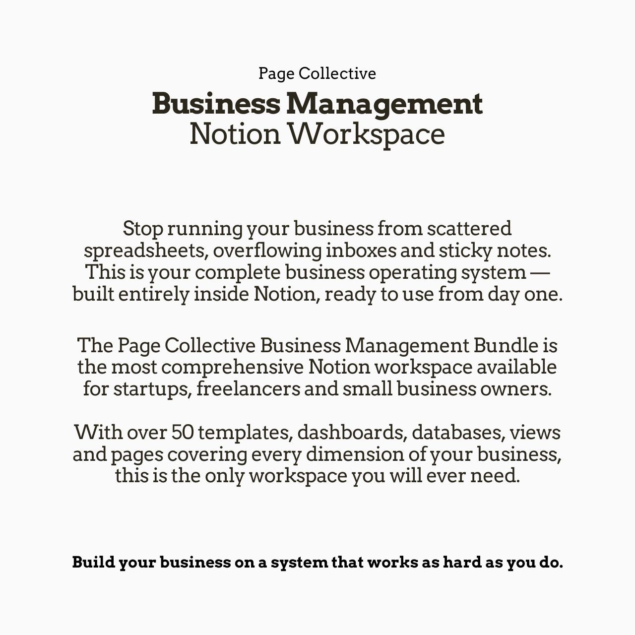 Promotional text for Page Collective Business Management Notion Workspace on a white background