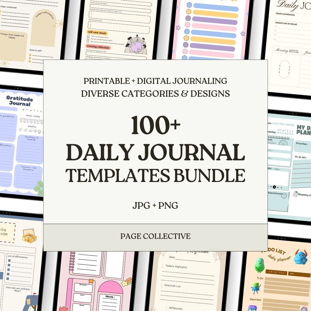 100+ Daily Journal Templates Bundle with various templates on a white background