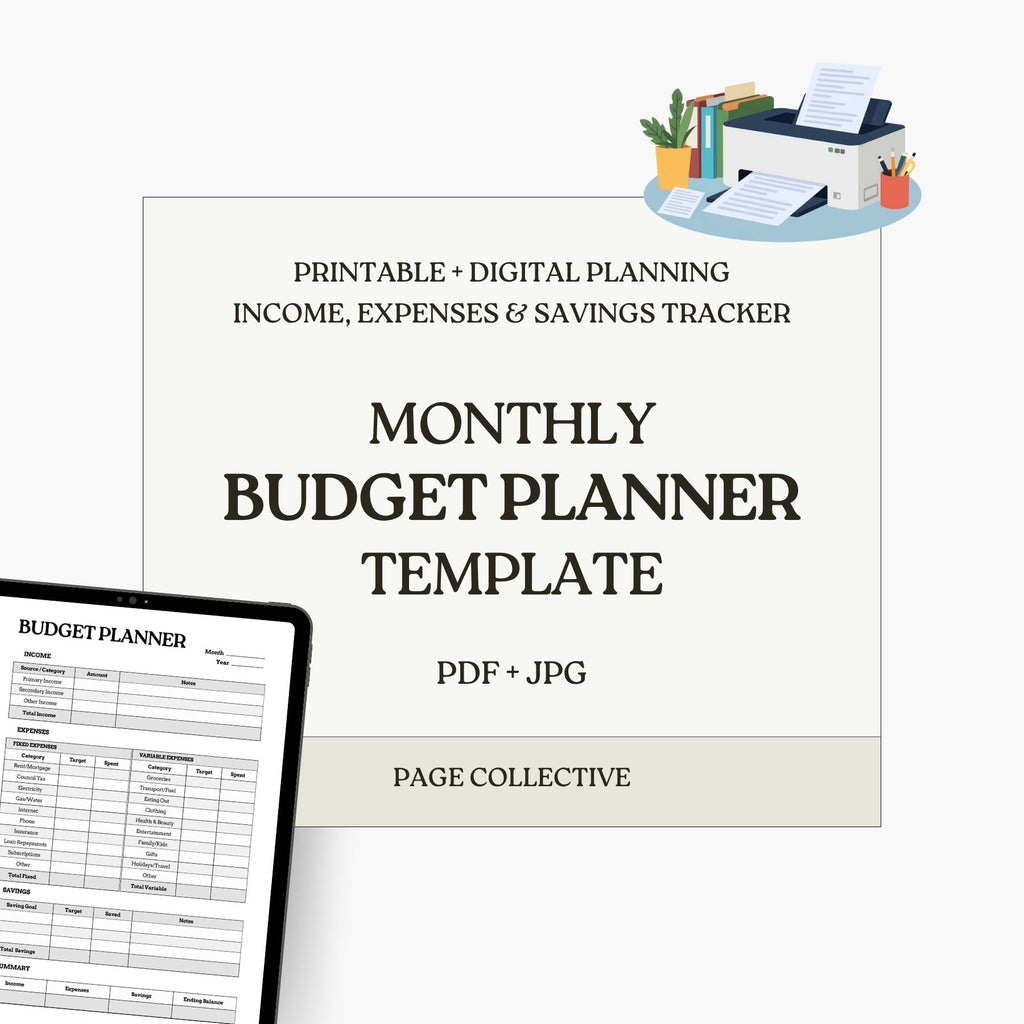 Monthly budget planner template with a laptop displaying the planner on a white background.