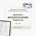 Monthly budget planner template with a laptop displaying the planner on a white background.