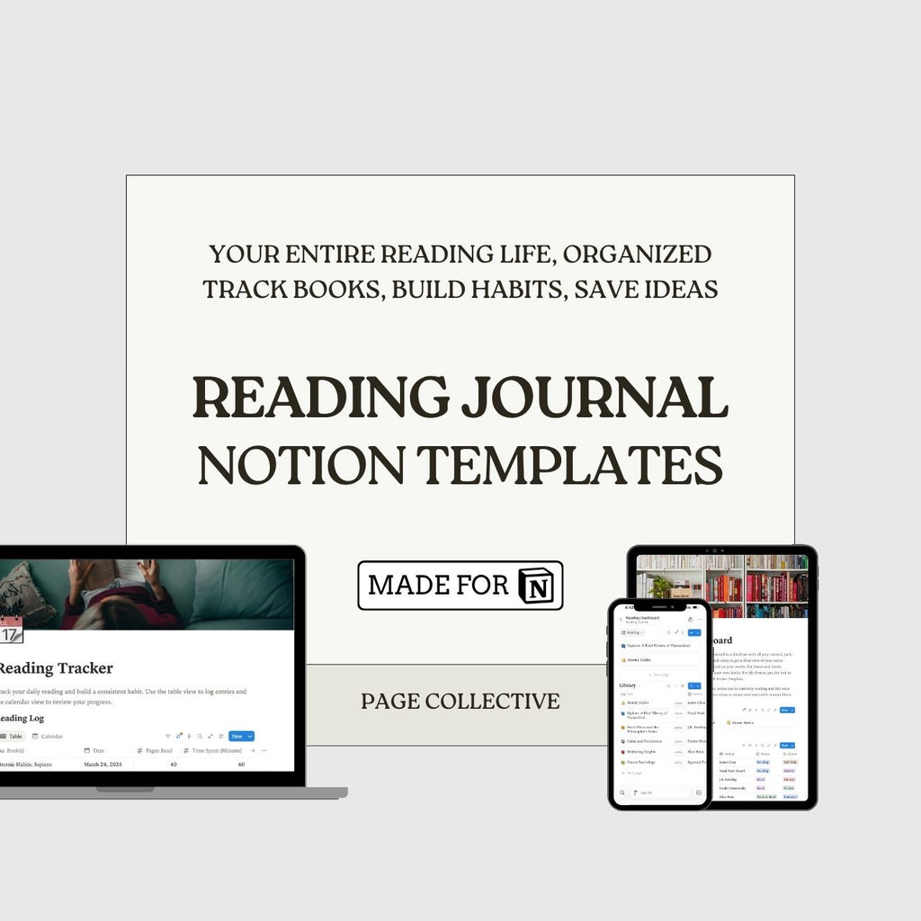 Promotional graphic for Reading Journal Notion Templates with devices displaying templates.